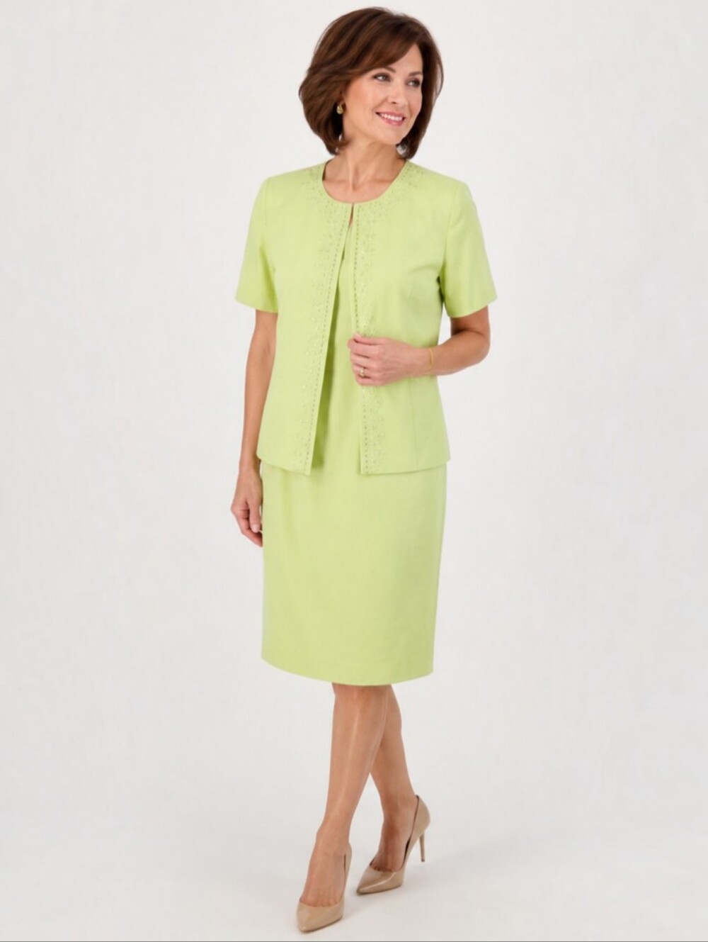 Jessica Howard Petite Linen Blend 2-Piece Embroidered Suit – 12P